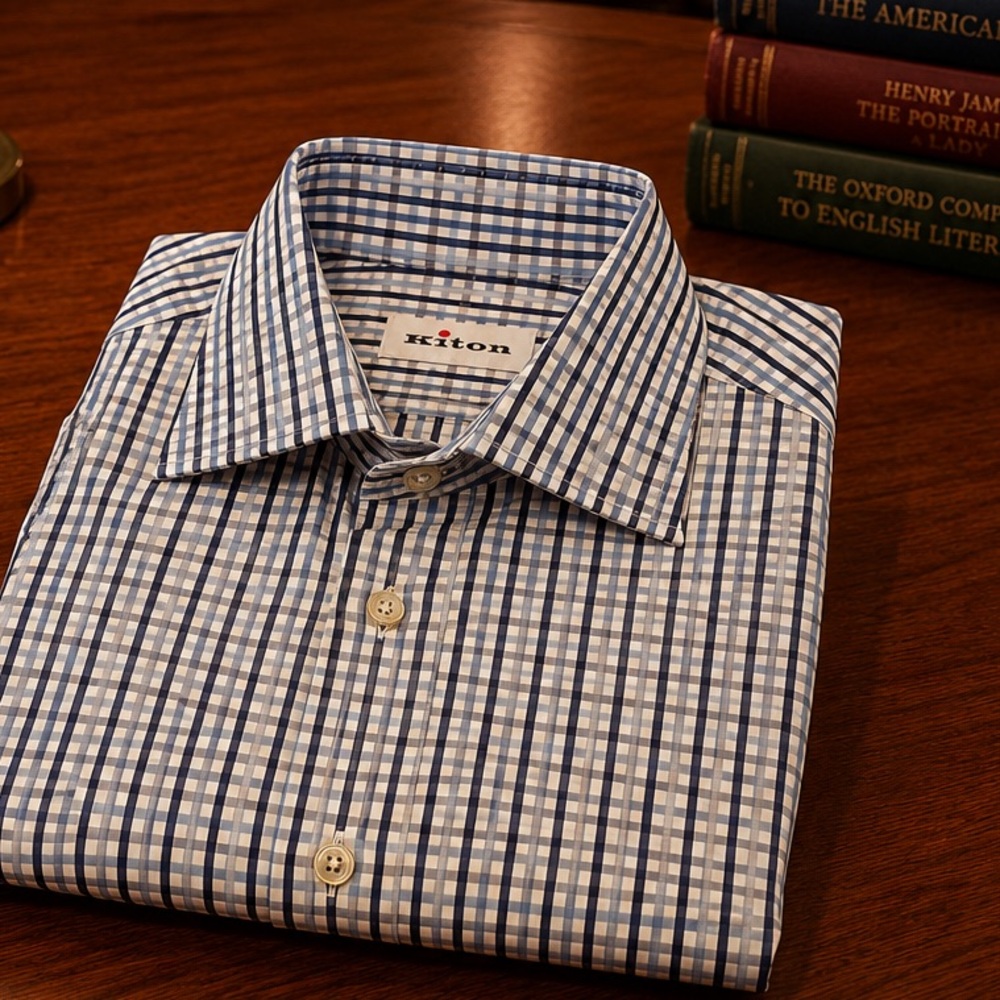 Kiton Blue and White Checked Dress Shirt